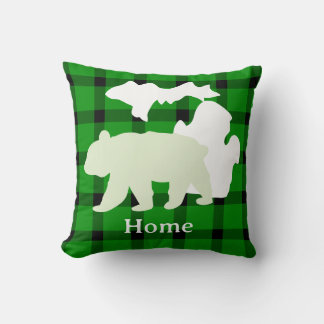 Michigan Bear Home in Buffalo Plaid Cushion
