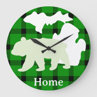 Michigan Bear Home in Buffalo Plaid Large Clock