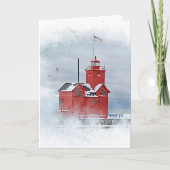 Michigan Big Red Lighthouse In Winter Holiday Card (Front)