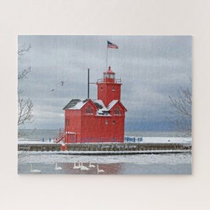 Michigan Big Red Lighthouse With Swans Jigsaw Puzzle