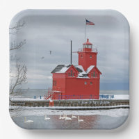 Michigan Big Red Lighthouse With Winter Swans