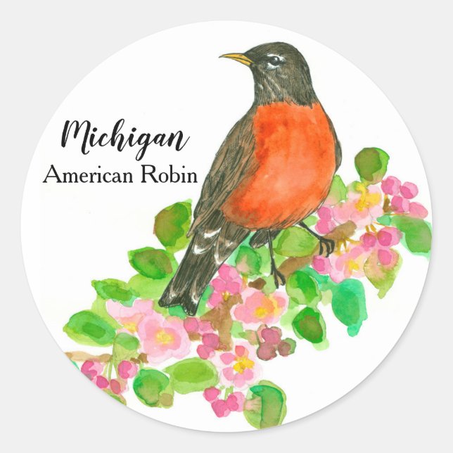 Michigan Bird American Robin Blossoms Classic Round Sticker (Front)