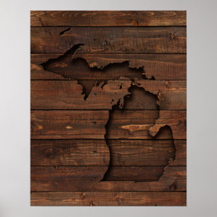 Michigan Brown Wood Carved Poster