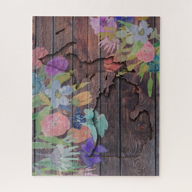 Michigan Carved Wood | Watercolor Flowers Jigsaw Puzzle (Vertical)