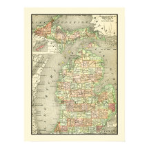 Michigan Colourful Antique Map State & Counties