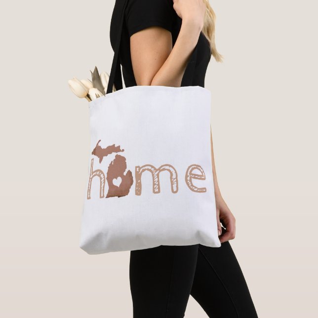Michigan Copper State Silhouette With Home Text Tote Bag (Close Up)