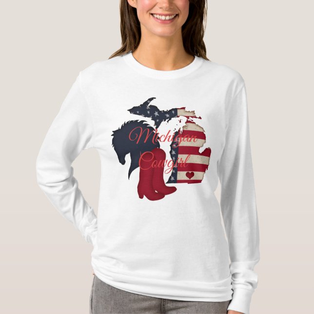 Michigan Cowgirl | Patriotic Michigan Horse Boots T-Shirt (Front)