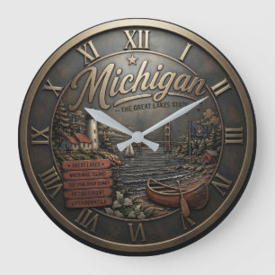 Michigan Great Lakes Landmarks and Scenery Bronze Large Clock