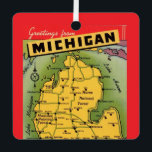 Michigan Greeting Map  Metal Tree Decoration<br><div class="desc">Great vintage postcard of Michigan repurposed on an ornament.</div>
