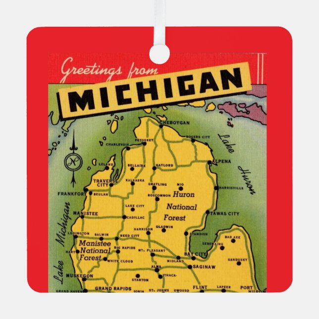 Michigan Greeting Map  Metal Tree Decoration (Front)
