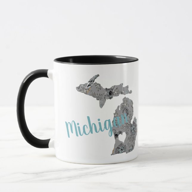 Michigan Grey Blue Poppies Floral Pattern Mug (Left)