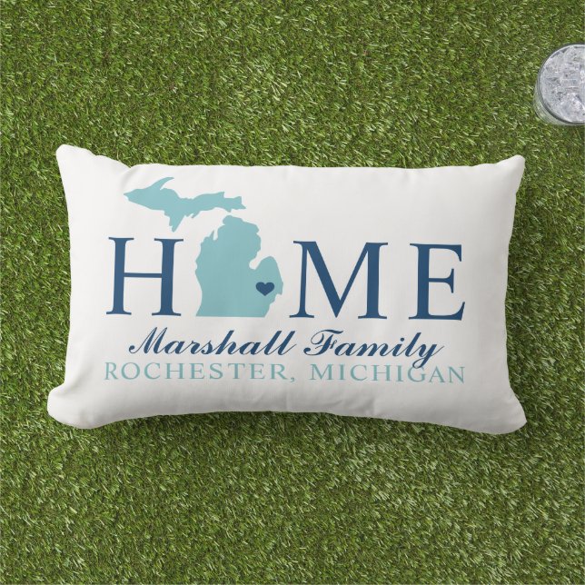 Michigan Home Aqua and Navy Custom Family Monogram Lumbar Cushion (Grass)