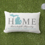 Michigan Home Aqua Blue Custom City Heart Lumbar Cushion<br><div class="desc">Stylish welcome pillow features "Home" text with Michigan state map and custom text that can be personalised with your family name and the city, state where you live. The heart city marker can be moved to the appropriate location via Customised. Horizontal stripes dress up the reverse side. Grey, aqua blue,...</div>