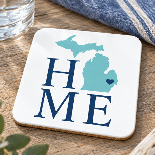 Michigan Home Aqua Navy Blue Custom City Heart Coaster