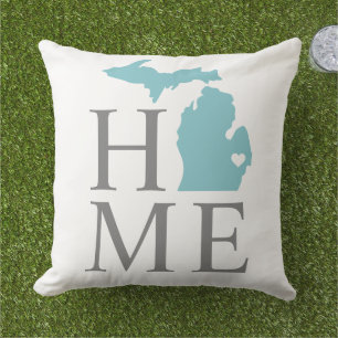 Michigan Home Aqua State Grey Text Cushion