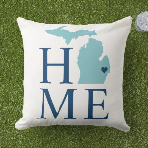 Michigan Home Aqua State Navy Text Cushion