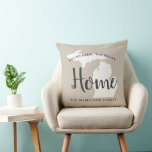 Michigan Home Beige and Grey Custom City Heart Cushion<br><div class="desc">Stylish welcome pillow features a typography design with "Home" script text and Michigan state map. Personalise with your city and family monogram. Neutral beige soft black,  and white colours. A pattern of horizontal stripes dresses up the back of the pillow.</div>