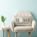 Michigan Home Beige Custom Family Monogram Lumbar Cushion<br><div class="desc">Stylish welcome pillow features "Home" text with Michigan state map and custom text that can be personalised with your family name and the city, state where you live. The heart city marker can be moved to the appropriate location via Customised. Horizontal stripes dress up the reverse side. Soft black /...</div>