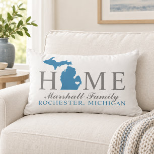 Michigan Home Blue State Grey Family Monogram Lumbar Cushion