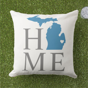 Michigan Home Blue State Grey Text Cushion