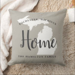 Michigan Home Grey Custom City Heart Cushion<br><div class="desc">Stylish welcome pillow features a typography design with "Home" script text and Michigan state map. Personalise with your city and family monogram. Warm grey,  soft black,  and white colours. A pattern of horizontal stripes dresses up the back of the pillow.</div>