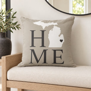 Michigan Home Grey White State Heart Cushion