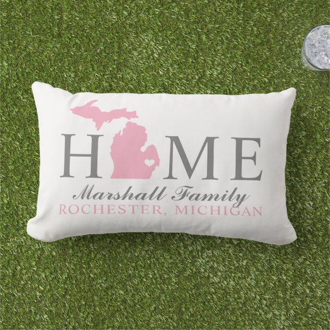 Michigan Home Pink and Grey Custom Family Monogram Lumbar Cushion (Grass)