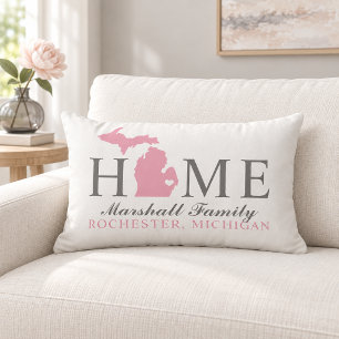 Michigan Home Pink State Grey Family Monogram Lumbar Cushion