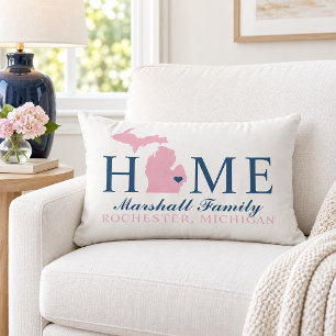 Michigan Home Pink State Navy Family Monogram Lumbar Cushion