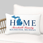 Michigan Home Red and Blue Custom Family Monogram Lumbar Cushion<br><div class="desc">Stylish welcome pillow features "Home" text with Michigan state map and custom text that can be personalised with your family name and the city, state where you live. The navy blue heart city marker can be moved to the appropriate location via Customised. Horizontal stripes dress up the reverse side. Red,...</div>