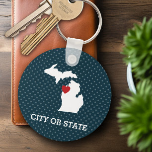 Michigan Home State City Map - Custom Heart Key Ring
