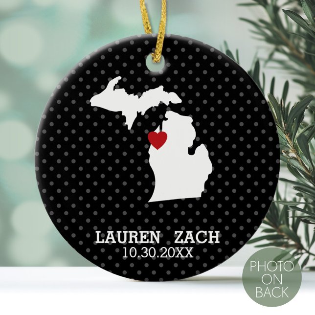 Michigan Home State City Map - Custom Wedding Ceramic Tree Decoration (Personalized Photo Ornament)