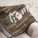 Michigan Home State Personalised Rustic Wood Look Throw Blanket<br><div class="desc">Show some home state pride with this cute rustic faux wood plank throw blanket featuring "home" in white calligraphy script lettering with a silhouette map of the state of Michigan standing in for the letter "O." A pink heart illustration inside the state map completes the design; you can change the...</div>