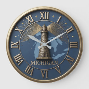 Michigan Lighthouse and State Map Large Clock