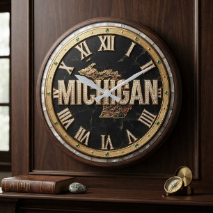 Michigan Luxury Diamond Paved Script Marble Large Clock