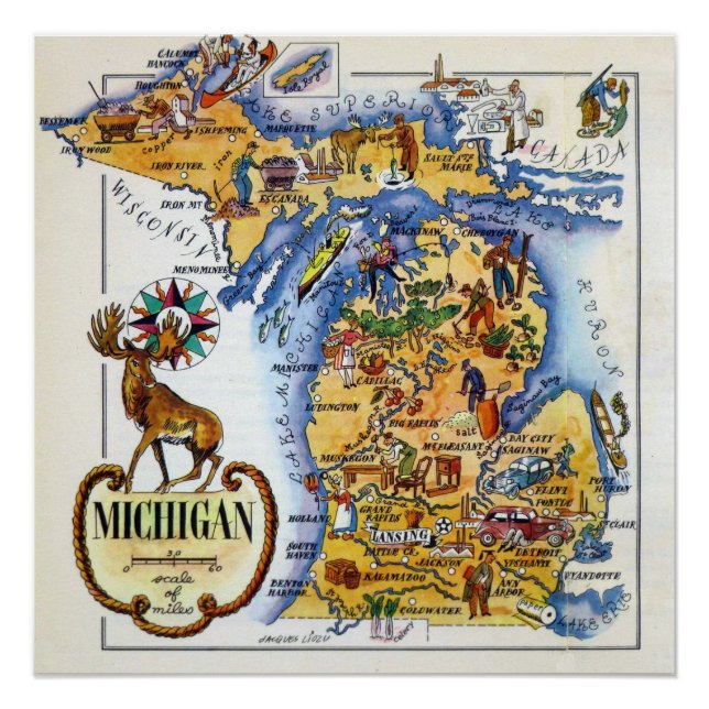 Michigan Map from the 1940s Poster (Front)