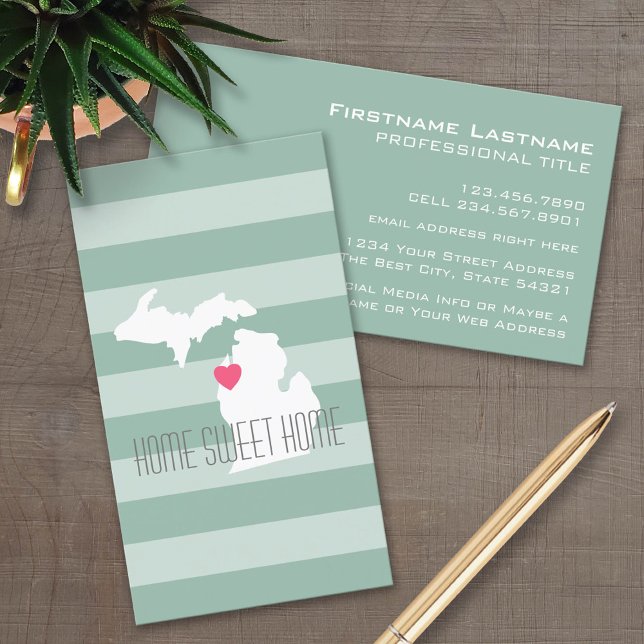 Michigan Map Home State Love with Custom Heart Business Card (Custom Business Card Template)
