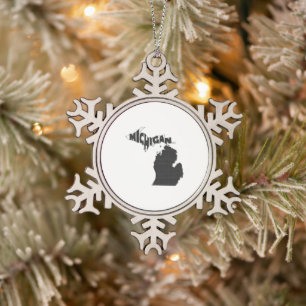 Michigan Map Shaped Michigander Black Word Art Snowflake Pewter Christmas Ornament