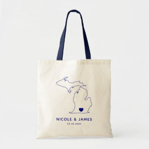 Michigan Map Wedding Welcome Bag Tote, Navy