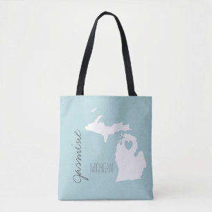 Michigan map with heart personalize name tote bag