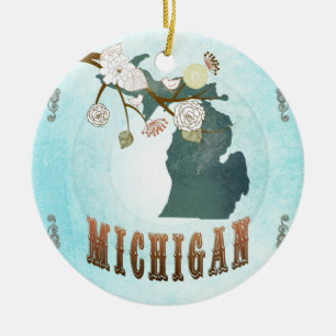 Michigan Map With Lovely Birds Ceramic Tree Decoration