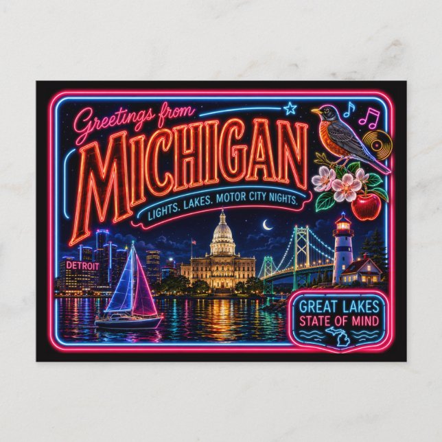 Michigan Neon State Retro Vintage Postcard (Front)