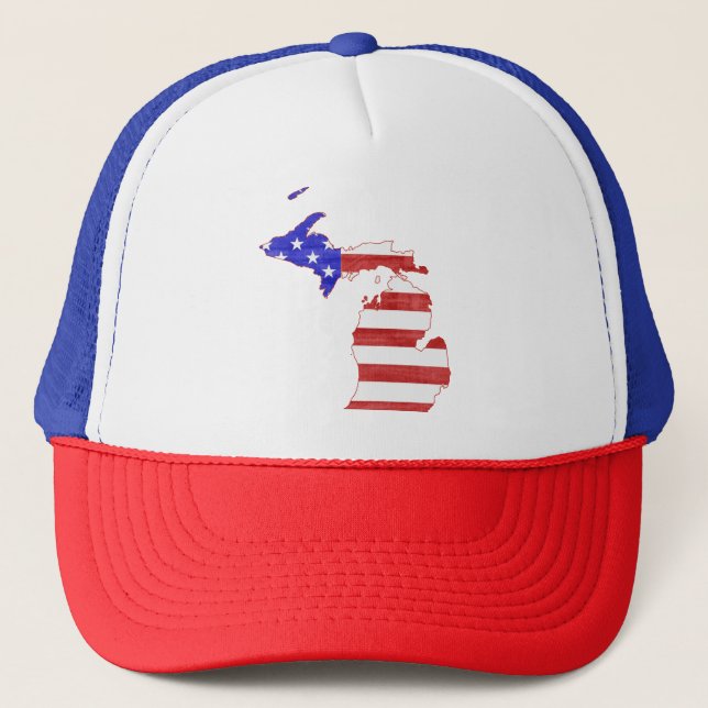 Michigan Patriotic State Shaped American Flag Trucker Hat (Front)