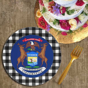 Michigan Plate, buffalo plaid USA & Michigan Flag Paper Plate