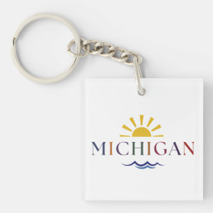 Michigan Rainbow Text Sun and Waves Key chain