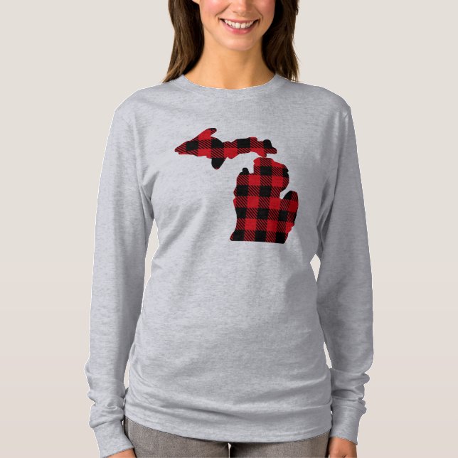 Michigan Red-Black Plaid Map Long Sleeve Tee (Front)