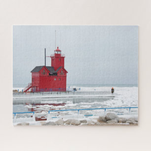 Michigan Red Lighthouse in winter Jigsaw Puzzle