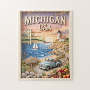Michigan Road Trip Mackinac Bridge Vintage Truck Jigsaw Puzzle