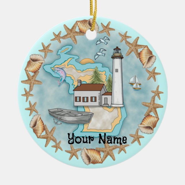Michigan Shells Lighthouse Ornament (Front)