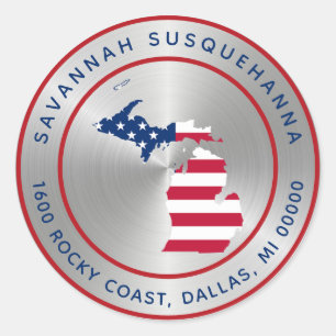 Michigan Silver Red White Blue State Map Classic Round Sticker